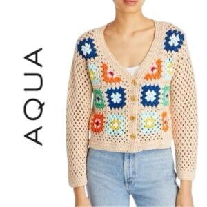 Aqua Women’s Crocheted 100 Cotton Button Down Cardigan -‎ Size S